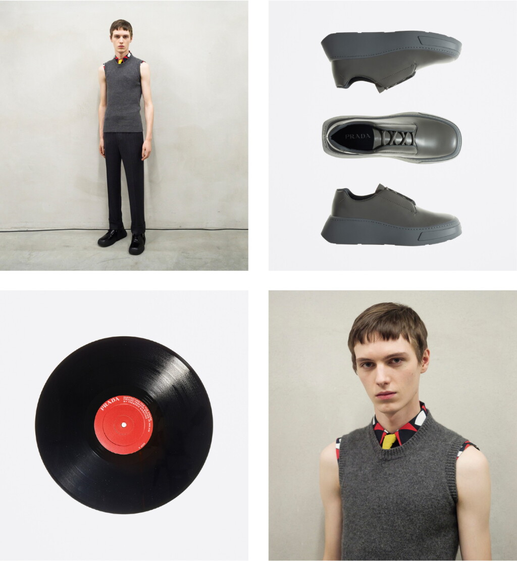 View full screen - View 1 of Lot 50. PRADA | OPENING LOOK OF THE SHOW. GEOMETRIC PRINT POPLIN SHIRT, POPLIN TIE, CASHMERE VEST, WOOL TROUSERS WORN BY DAAN DUEZ. LACE UP SHOES AND SHOW SOUNDTRACK INSPIRATION BY FRÉDÉRIC SANCHEZ.