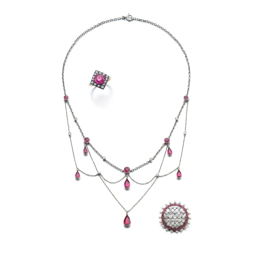 View full screen - View 1 of Lot 1058. Ruby, seed pearl and diamond brooch, circa 1910 and a collection of jewels.