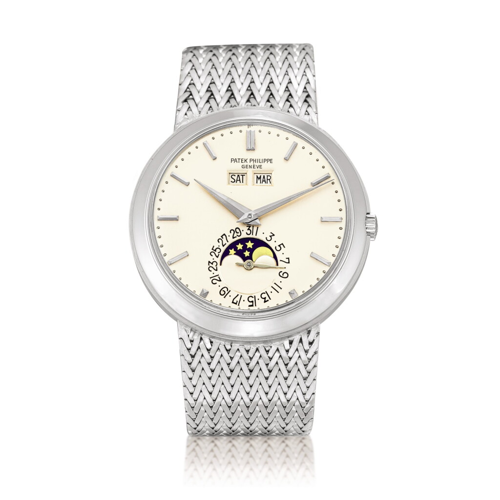 View full screen - View 1 of Lot 2193. Patek Philippe | Reference 3448, A white gold perpetual calendar wristwatch with moon phases, unusual dial and later upgraded Patek Philippe bracelet, Made in 1978 | 百達翡麗 | 型號3448 白金萬年曆鏈帶腕錶,備月相顯示、特殊錶盤及訂製鏈帶,1978年製.