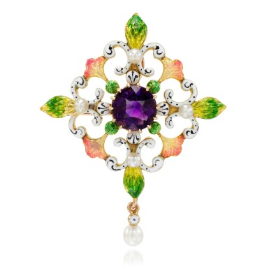 View full screen - View 1 of Lot 202. Amethyst, enamel and seed pearl pendant-brooch, 1890s.