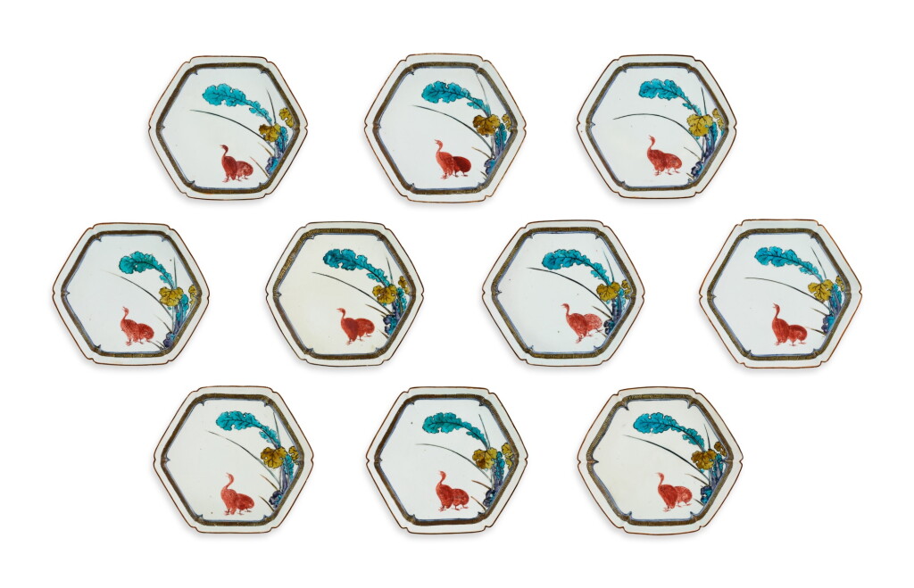 View full screen - View 1 of Lot 2188. A set of ten porcelain dishes, Ko-Kutani type, Hizen, Edo period, mid-17th century | 色絵鶉図六角皿 十枚 肥前 古九谷様式 江戸時代前期 1640~50年代.