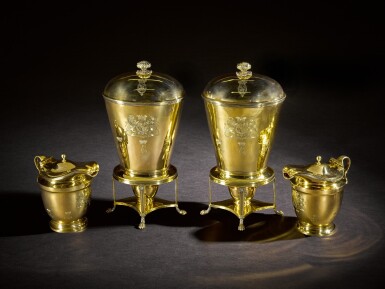View full screen - View 1 of Lot 18. Royal: a pair of George III silver-gilt picnic vases on stands with burners, John Emes, London, 1804.