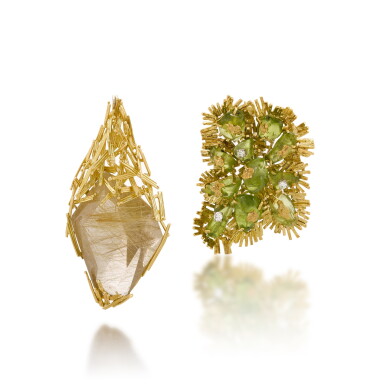 View full screen - View 1 of Lot 124. Rutilated Quartz Brooch, 1972 and Peridot Pendant/Brooch, 1970.