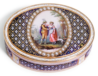 View full screen - View 1 of Lot 51. A PEARL-SET GOLD AND ENAMEL SNUFF BOX, HANAU, CIRCA 1795.