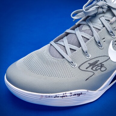 View full screen - View 1 of Lot 32. Stephen Curry 2025-2026 Game Worn Dual-Signed and Inscribed Nike Kobe 9 Elite Low 'Wolf Grey'.