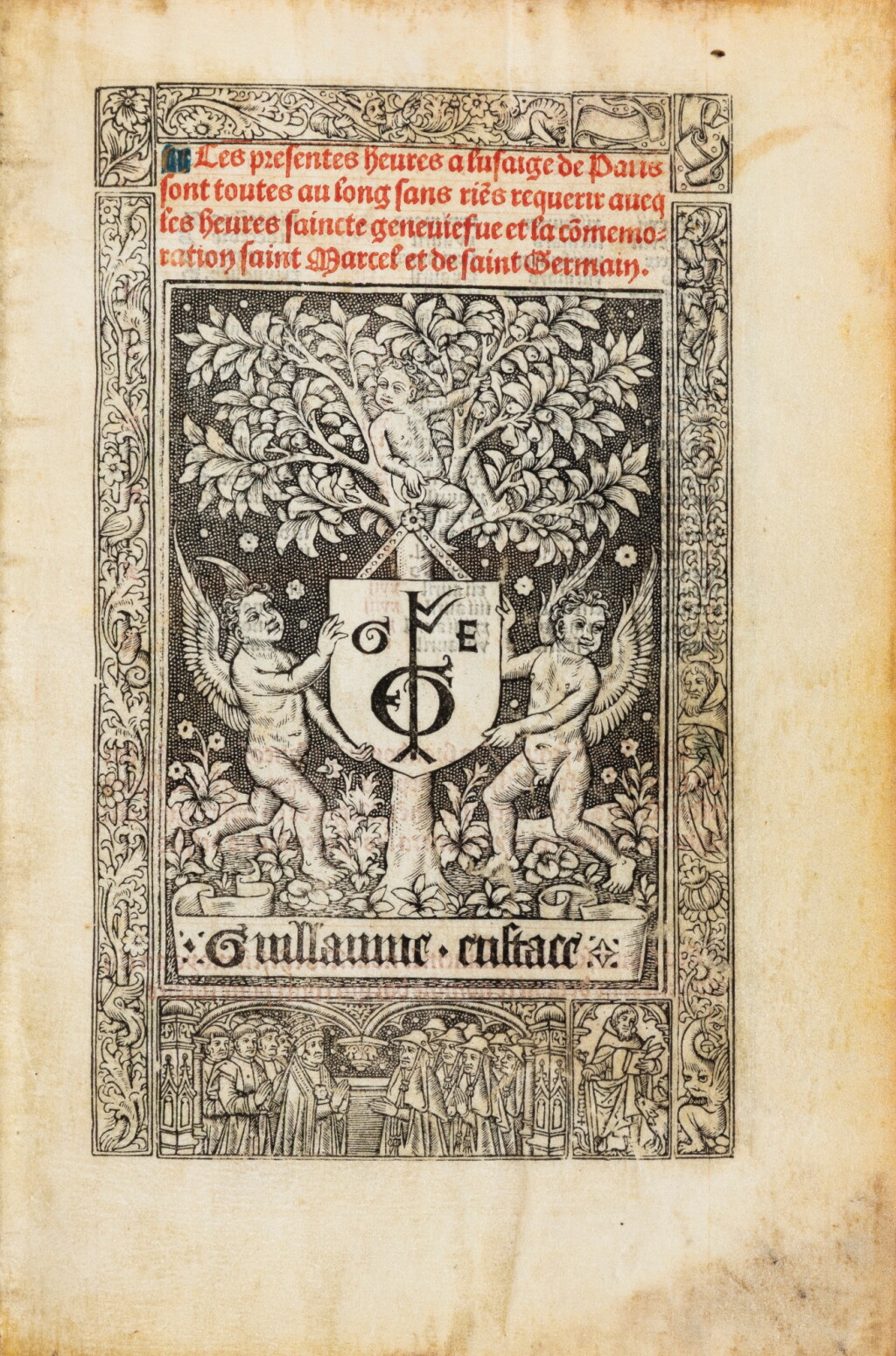 View full screen - View 1 of Lot 30. Ces presentes heures a lusaige de Paris. Thielman Kerver pour Guillaume Eustace, 1500. In-8. Reliure du XVIIe siècle. Rare édition des grandes heures de Kerver imprimée sur peau de vélin..