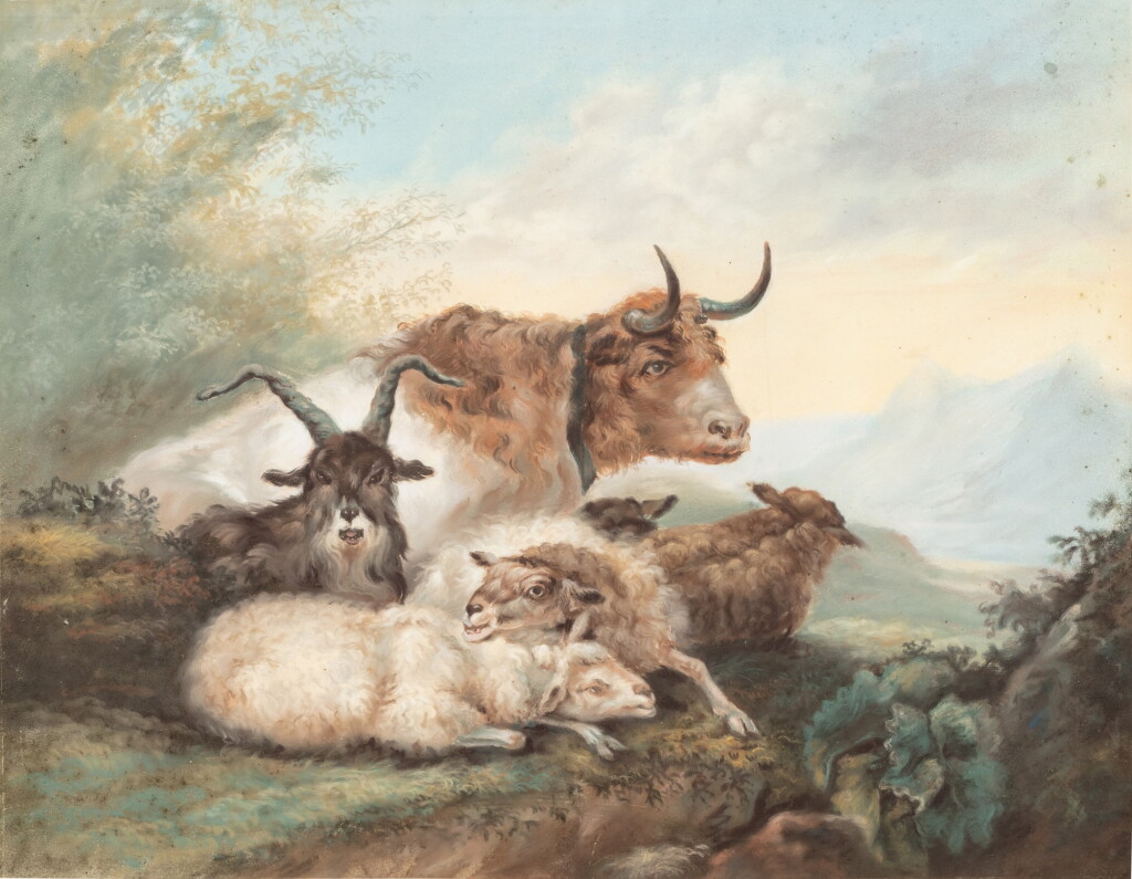 View full screen - View 1 of Lot 150. Animals in a landscape near a ruin | Troupeau de Merinos sur un fond de paysage.