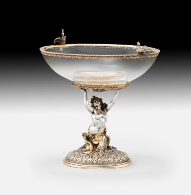 View full screen - View 1 of Lot 264. A crystal oval bowl with parcel-gilt silver mounts, probably Hanau circa 1880 | Coupe sur pied en cristal, montée en argent et vermeil, probablement Hanau vers 1880.