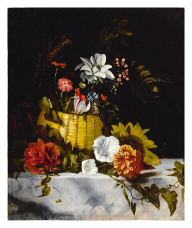 View full screen - View 1 of Lot 50. DIRCK DE BRAY | STILL LIFE OF A BASKET OF FLOWERS ON A LARGE MARBLE LEDGE.