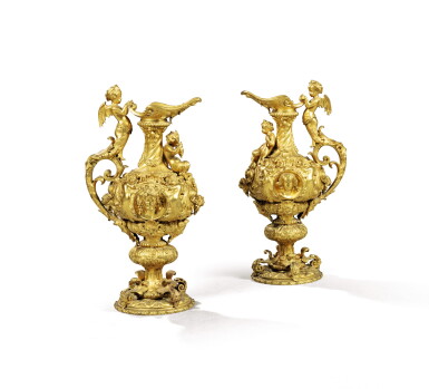 View full screen - View 1 of Lot 207. A pair of Renaissance style gilt-bronze ewers, French.