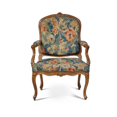 View full screen - View 1 of Lot 331. A Louis XV Carved Beechwood Fauteuil à la Reine, Mid-18th Century by Jean Gourdin.
