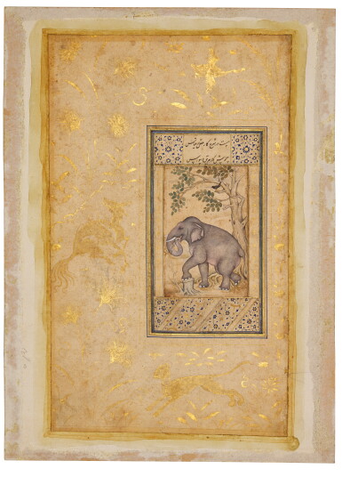 View full screen - View 1 of Lot 108. An elephant standing beneath a tree, India, Mughal, 17th century.
