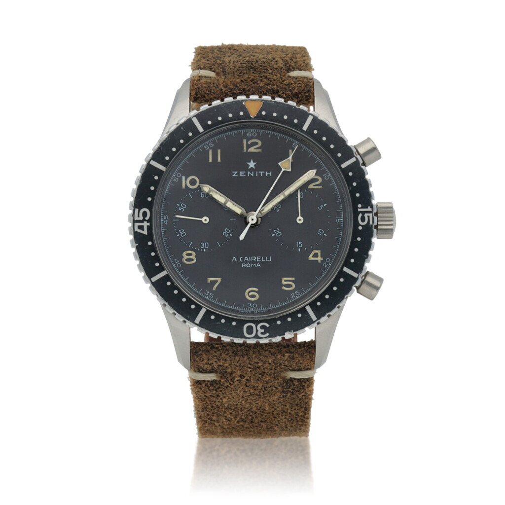 View full screen - View 1 of Lot 52. 'Aeronautica Militare Italiana' A Cairelli Tipo CP-2 Stainless steel chronograph wristwatch Circa 1965 | 真力時 |「'Aeronautica Militare Italiana' A Cairelli Tipo CP-2」精鋼計時腕錶,年份約1965.