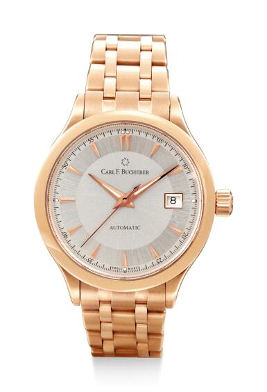View full screen - View 1 of Lot 8043. CARL F. BUCHERER | MANERO AUTODATE, REFERENCE 10908.03, A PINK GOLD WRISTWATCH WITH DATE AND BRACELET, CIRCA 2010.