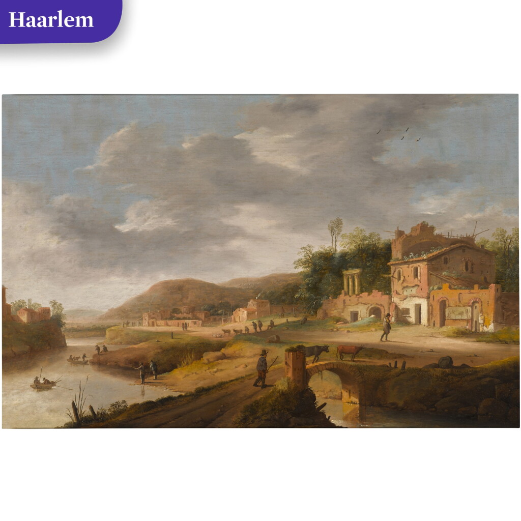 View full screen - View 1 of Lot 95. Italianate river landscape with a drover crossing a bridge with his cattle in the foreground.