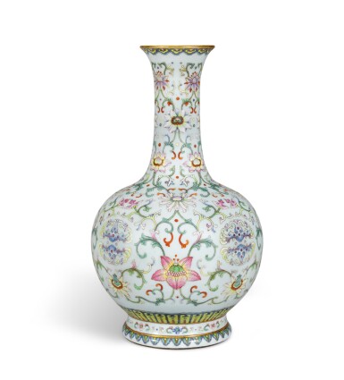 View full screen - View 1 of Lot 59. A rare pale celadon ground famille-rose bottle vase, Seal mark and period of Qianlong | 清乾隆 粉青地粉彩纏枝花卉紋賞瓶 《大清乾隆年製》款.