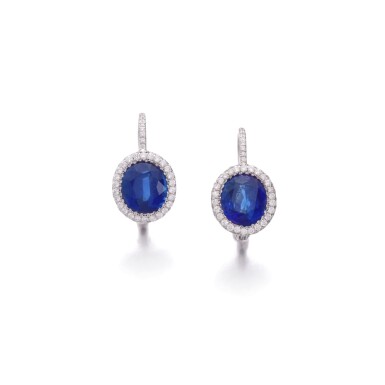 View full screen - View 1 of Lot 760. Pair of sapphire and diamond earrings.