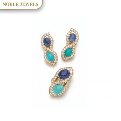 View full screen - View 1 of Lot 22. BULGARI | TURQUOISE, SAPPHIRE AND DIAMOND DEMI-PARURE.
