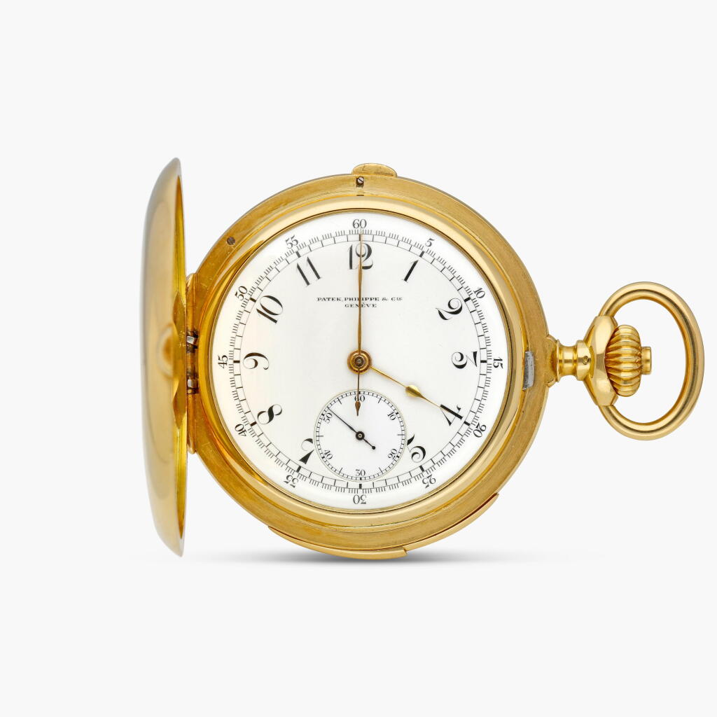 View full screen - View 1 of Lot 2302. A yellow gold minute repeating chronograph hunting case keyless lever watch with enamel dial, Circa 1910.