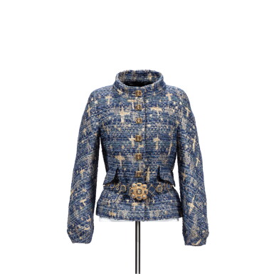 View full screen - View 1 of Lot 23. By Karl Lagerfeld Blue and Gold Mixed Lurex and Tweed Jacket with Belt, Ready-to-Wear, Métiers d'Art Paris-Byzance Pre-Fall 2011.