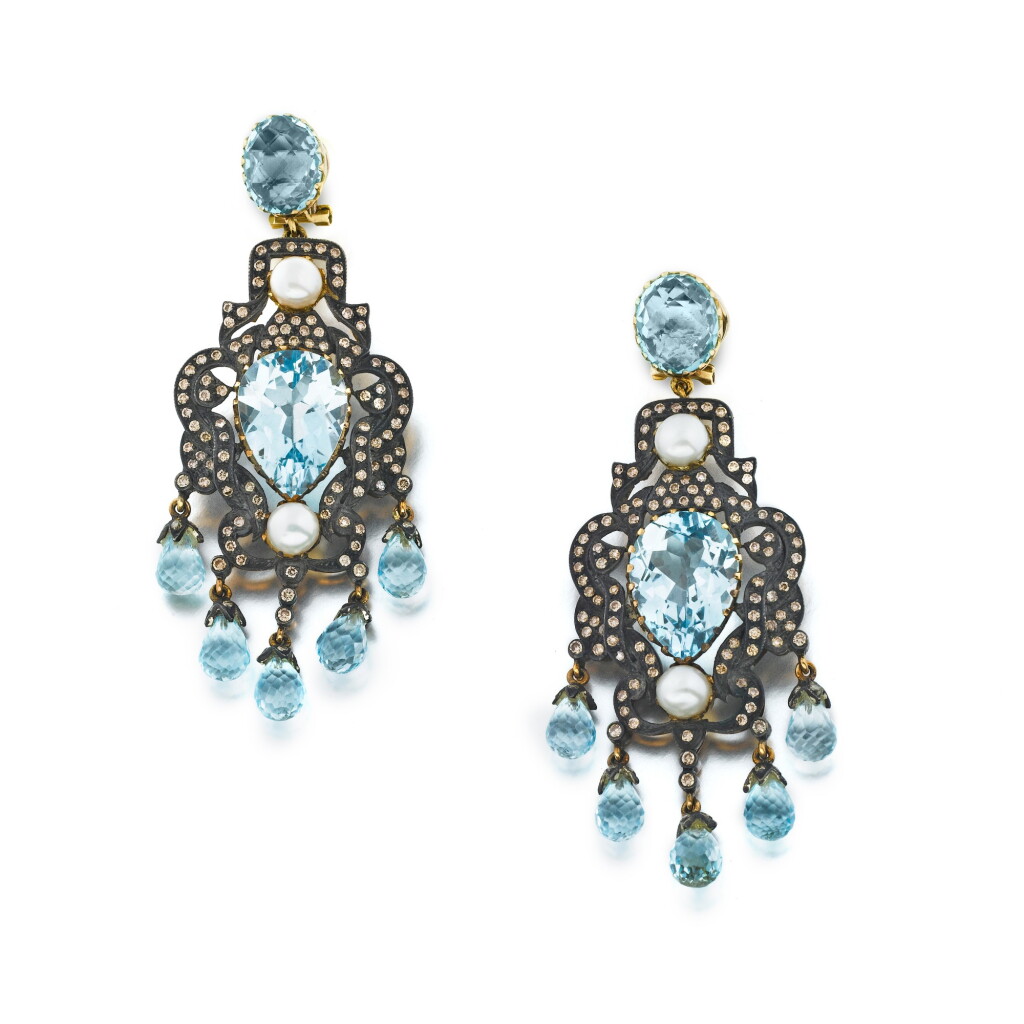 View full screen - View 1 of Lot 1086. A pair of aquamarine, blue stone, cultured pearl and colored diamond pendent earrings.