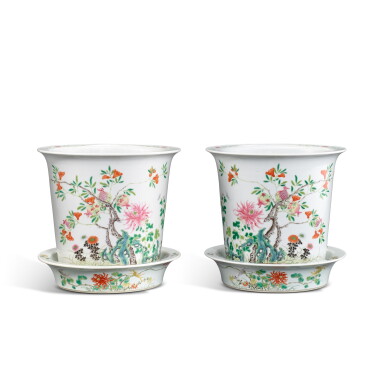 View full screen - View 1 of Lot 9364. A pair of famille-rose 'floral' jardinière and basins, Republican period | 民國 粉彩四季花卉圖花盆及底座 《洪憲年製》款 及 《大清道光年製》仿款.