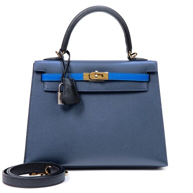 View full screen - View 1 of Lot 311. Limited Edition Black, Bleu Saphir, Bleu Roi Epsom Tricolor Kelly 25 Sellier Palladium Hardware, 2022.