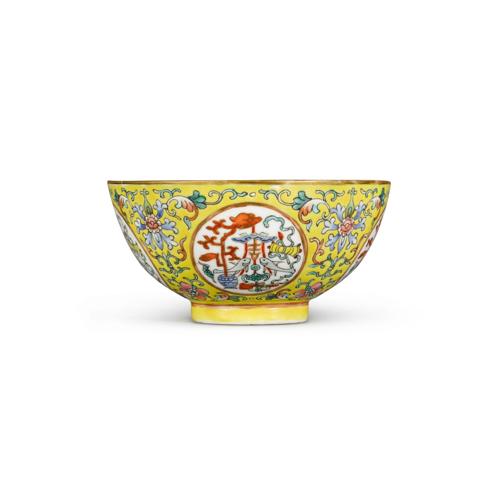 View full screen - View 1 of Lot 124. A famille-rose yellow-ground medallion bowl Mark and period of Guangxu | 清光緒 黃地粉彩開光八寶紋盌《大清光緒年製》款.