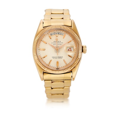 View full screen - View 1 of Lot 434. DAY-DATE, REF 6611 YELLOW GOLD WRISTWATCH WITH DAY, DATE AND BRACELET CIRCA 1958.