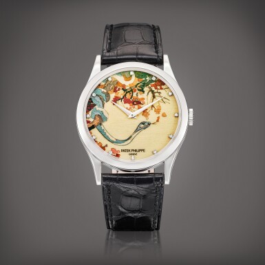 View full screen - View 1 of Lot 2117. Reference 5077 | A platinum and diamond-set wristwatch with wood marquetry dial depicting a snake, Made for the year of the Snake, Circa 2013 | 百達翡麗 | 型號5077 | 鉑金鑲鑽石腕錶,備蛇圖案細木鑲嵌錶盤,為蛇年而製,約2013年製.