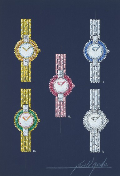 View full screen - View 1 of Lot 28. Design of five Gérald Genta bracelet watches with accompanying NFT Circa 1992.