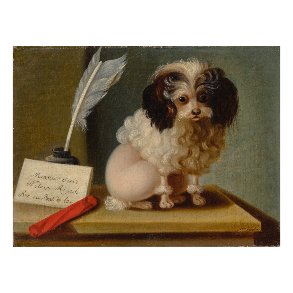 View full screen - View 1 of Lot 666. MANNER OF JACQUES-BARTHÉLEMY DELAMARRE | POODLE ON TABLE WITH WRITING INSTRUMENTS.