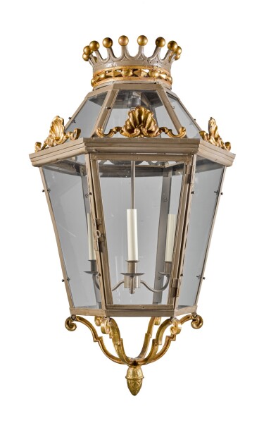 View full screen - View 1 of Lot 2. An Edwardian style parcel-gilt and grey painted metal hexagonal hall lantern, 20th century.
