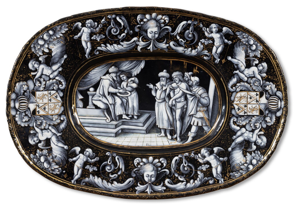 View full screen - View 1 of Lot 146. An oval Limoges grisaille enamel dish with Christ before Pilate, Last quarter of the 17th century.