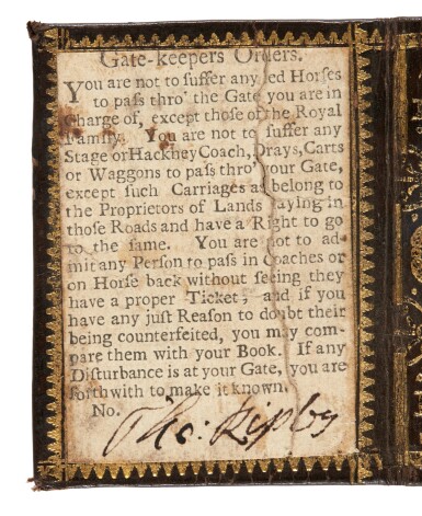 View full screen - View 1 of Lot 264. Warrant Card | Gate Keeper's Orders, signed by Thomas Ripley, 1744.