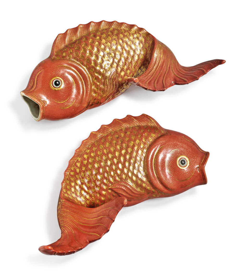 View full screen - View 1 of Lot 444. A Rare Pair of Chinese Export Iron-red and Gilt Carp-form Wall Vases, Qing Dynasty, Late 18th / Early 19th Century | 清十八世紀末 / 十九世紀初 礬紅彩描金鯉魚形壁瓶一對.