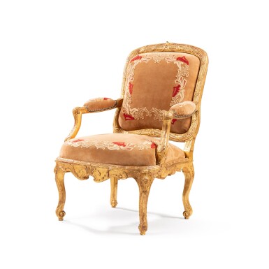 View full screen - View 1 of Lot 510. A Louis XV carved giltwood fauteuil à chassis, circa 1730.