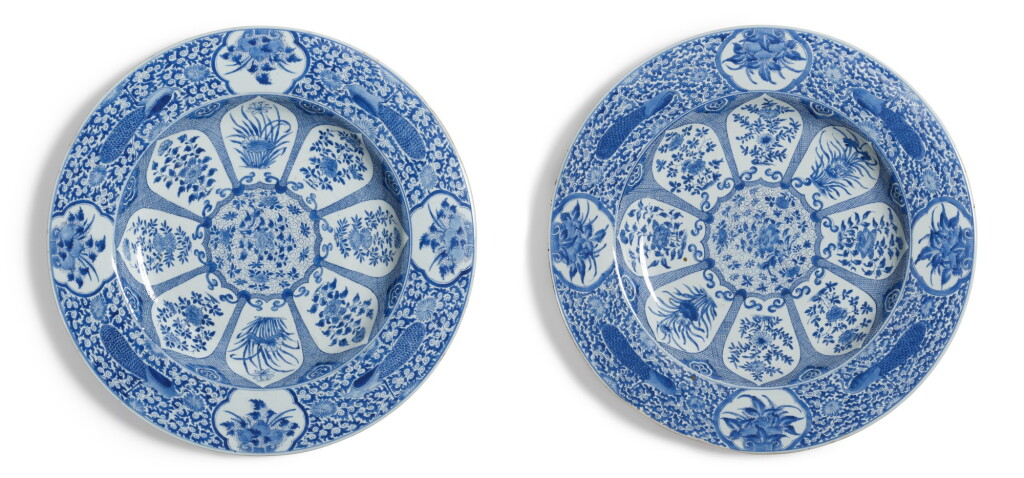 View full screen - View 1 of Lot 437. A Pair of Massive Chinese Export Blue and White 'Peacock' Pattern Chargers, Qing Dynasty, Kangxi Period | 清康熙 青花孔雀花卉紋大盤一對.