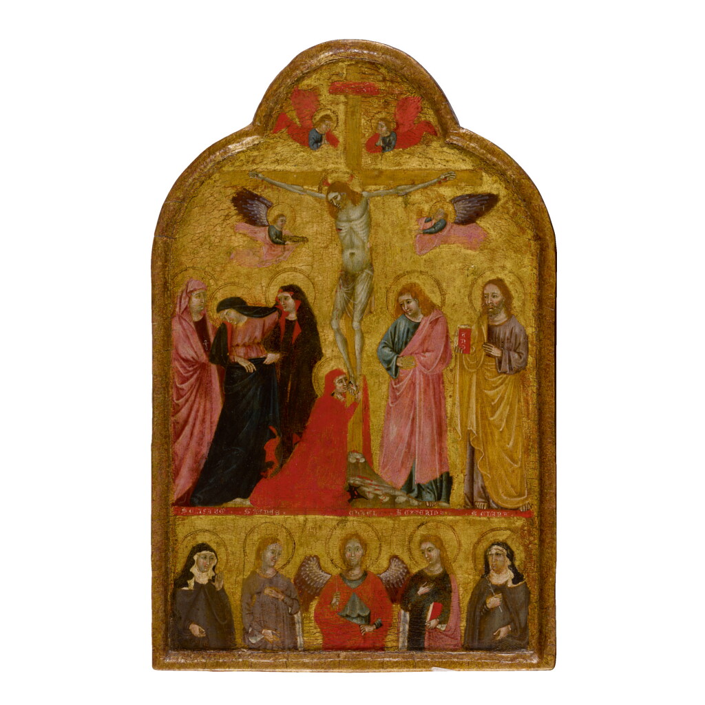 View full screen - View 1 of Lot 8. Sold Without Reserve | MASTER OF THE SAN TOMMASO DOSSAL | THE CRUCIFIXION WITH THE ARCHANGEL MICHAEL AND SAINTS ELIZABETH OF HUNGARY, AGNES, CATHERINE OF ALEXANDRIA AND CLARE; THE 'IMAGO PIETATIS' WITH THE DONOR FIGURES OF A FRANCISCAN FRIAR AND NUN ON THE VERSO.