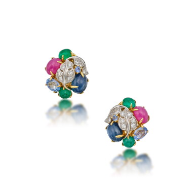 View full screen - View 1 of Lot 248. Pair of Gem-Set and Diamond Earclips.