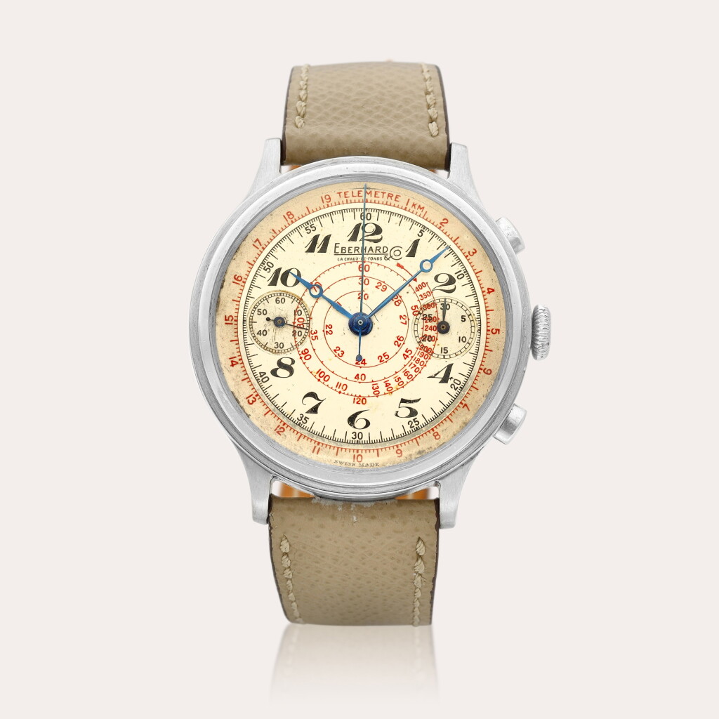 View full screen - View 1 of Lot 2225. Pre-Extra Fort Chronograph | A stainless steel single button chronograph with slide lock mechanism, Breguet numerals and snail scale, Circa 1940.