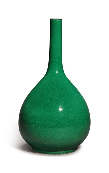 View full screen - View 1 of Lot 1166. AN APPLE-GREEN CRACKLE-GLAZED BOTTLE VASE, QING DYNASTY, 18TH CENTURY.