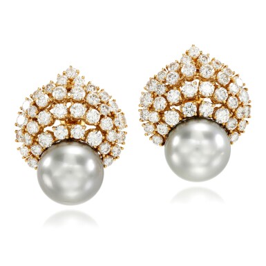 View full screen - View 1 of Lot 80. Pair of cultured pearl and diamond ear clips, circa 1990.