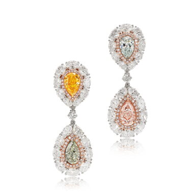 View full screen - View 1 of Lot 1830. Pair of Coloured Diamond and Diamond Pendent Earrings | 彩色鑽石 配 鑽石 耳墜一對.