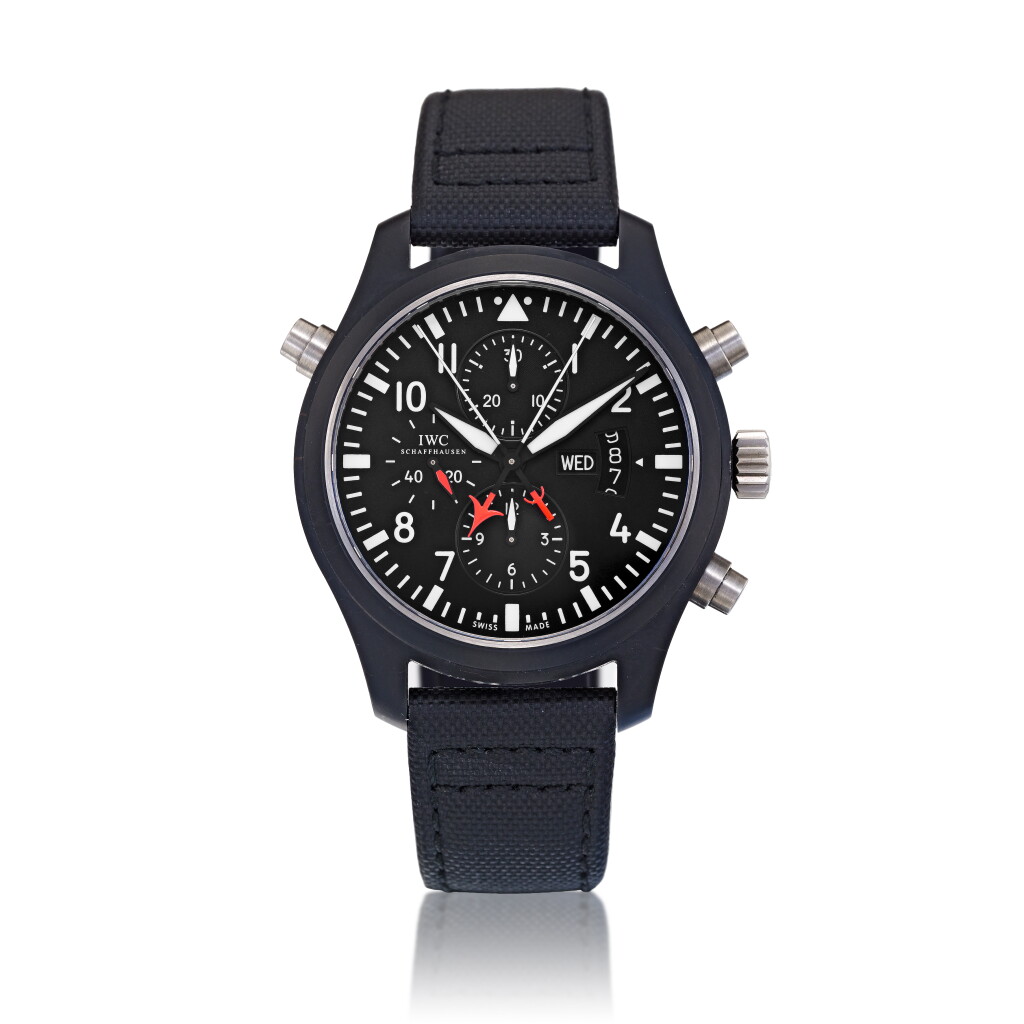 View full screen - View 1 of Lot 132. Reference IW3799-01 Pilot's Watch Top Gun, A limited edition black ceramic and titanium automatic split-seconds chronograph wristwatch with day and date, Circa 2012 萬國 IW3799-01 型號 Pilot's Watch Top Gun 限量版黑陶瓷及鈦金屬自動上鏈追針計時腕錶備星期及日期顯示,約2012年製.