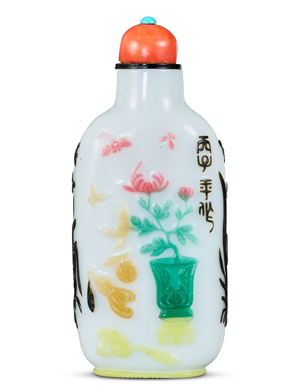 View full screen - View 1 of Lot 1819. A five-colour overlay white glass 'flowers and butterflies' snuff bottle Qing dynasty, 18th – 19th century | 清十八至十九世紀 涅白地套五色料花蝶清供圖鼻煙壺.