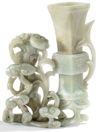 View full screen - View 1 of Lot 160. VASE EN JADE CÉLADON DYNASTIE QING, XVIIIE-XIXE SIÈCLE | 清十八至十九世紀 青白玉透雕靈芝方觚花插 | A celadon jade vase, Qing Dynasty, 18th/19th century.