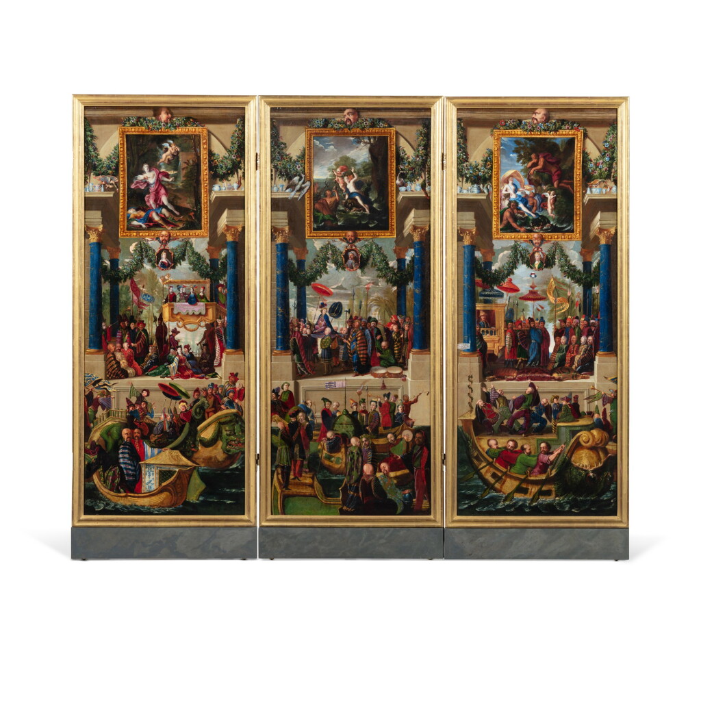 View full screen - View 1 of Lot 594. "Chinoiserie"painted leaf screens: (i) Perseus and Andromeda (ii) Pan and Syrinx (iii) Eurydice in Hell (iv) Acis and Galatea (v) Pyramus and Thisbe (vi) Amphitrite.
