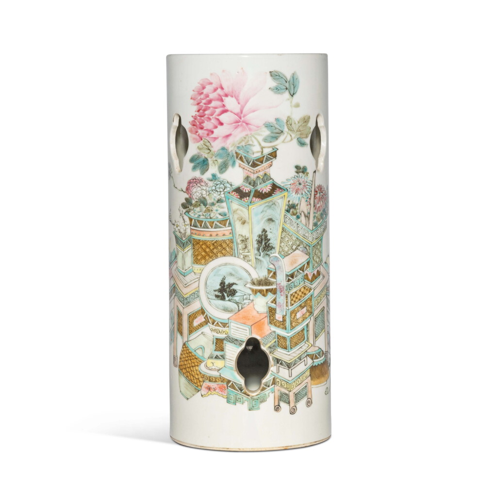 View full screen - View 1 of Lot 1377. A famille-rose 'Hundred Antiques' hatstand, Republic period | 民國 粉彩博古圖帽筒.