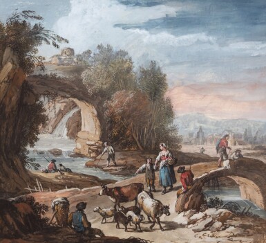 View full screen - View 1 of Lot 133. A) A river landscape with peasants and gentleman on horseback B) A river landscape with peasants and animals.